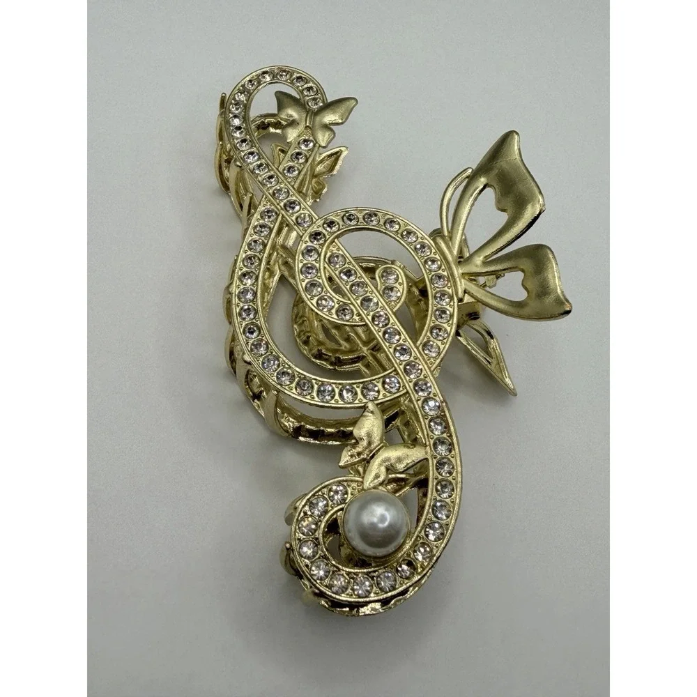 Treble Clef Hair Clip Sparkly Rhinestone Metal Gold Tone Butterfly Teacher Gift